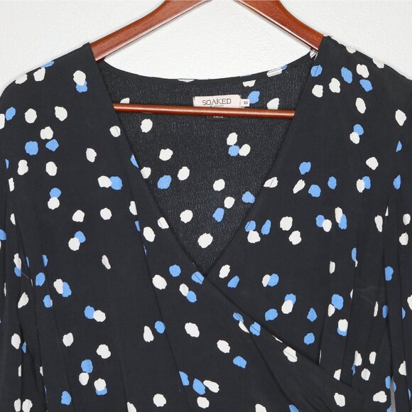 Soaked In Luxury Faux Wrap Peplum Blouse Black Blue Dot Print V-Neck Long Sleeve - Picture 8 of 8